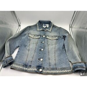 DG2 Diane Gilman Stretch Denim Pearl Rhinestones Embellished Jacket Size XS